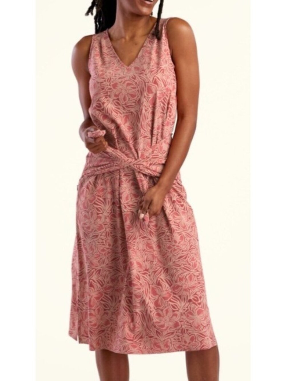 Title Nine Women's Sz Large Pink Floral Sleeveless Round Trip Midi Dress